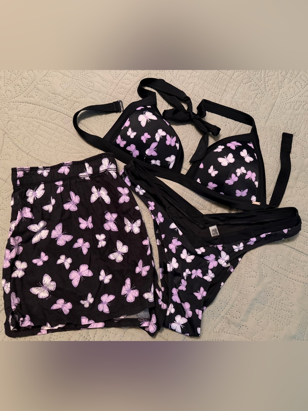 PINK Victoria's Secret Black Bikini with Lavender Butterfly Print & shorts
